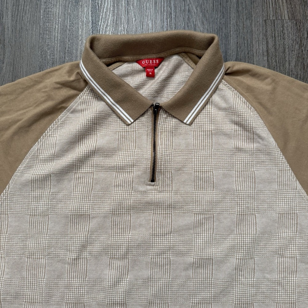 Guess Los Angeles Tan Plaid Zip Polo collar Medium Shirt Sleeve Vtg